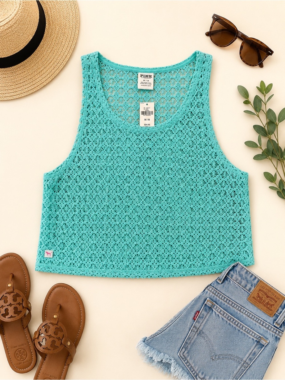 NWT PINK Victoria’s Secret Aqua Crochet Swim Cover Up Tank Size Medium